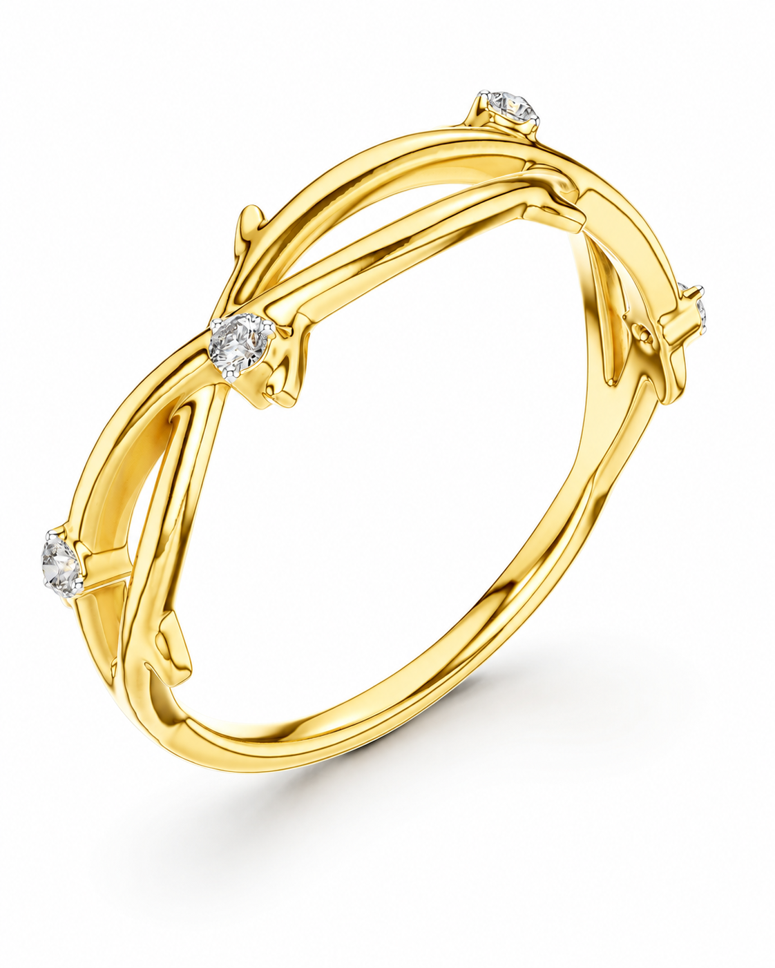 color_10K_YG, color_14K_YG &&A yellow gold ring with a twisted, organic branch-like design and four small clear gemstones, shown on a clean white background.