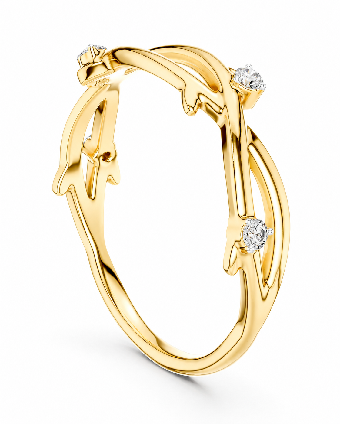 color_10K_YG, color_14K_YG &&A gold ring with a twisted, organic branch-like design and three small round clear gemstones, shown on a clean white background.