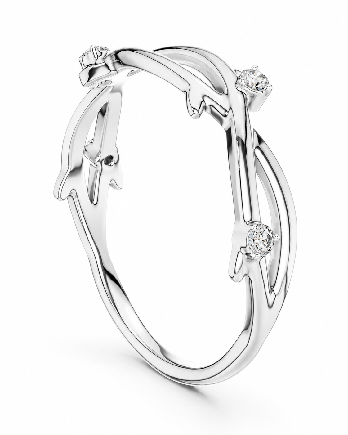 color_925_SIL,color_935_ARG,color_10K_WG, color_14K_WG &&A silver-toned ring featuring organic, branching vine-like shapes with three small clear gemstone accents, shown on a clean white background.