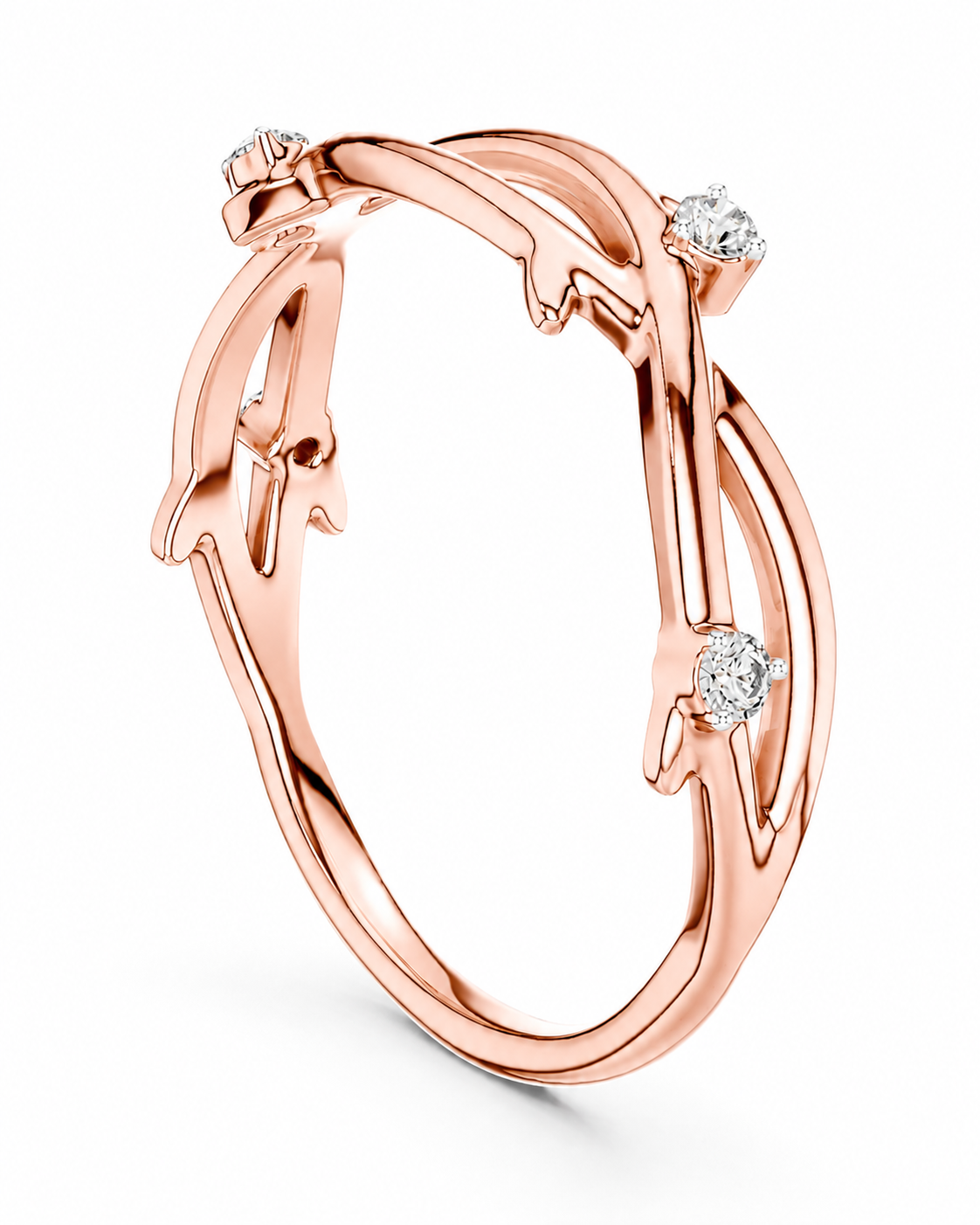 color_10K_RG, color_14K_RG &&A rose gold ring with a twisted, organic branch-like design and three small round-cut clear gemstones, shown on a clean white background.