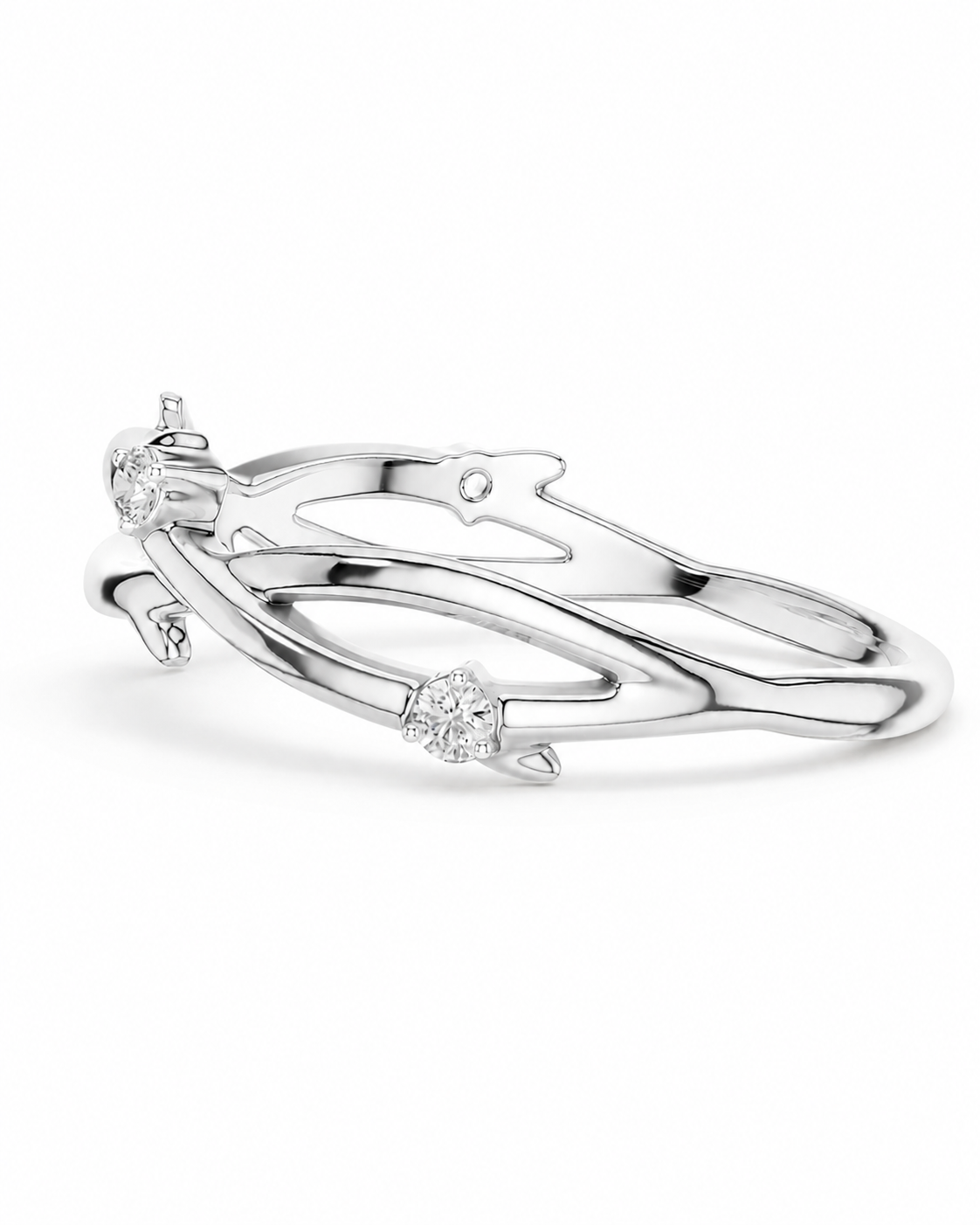 color_925_SIL,color_935_ARG,color_10K_WG, color_14K_WG &&A silver-toned double-band ring featuring organic, flowing branches with small clear gemstone accents, shown on a clean white background.