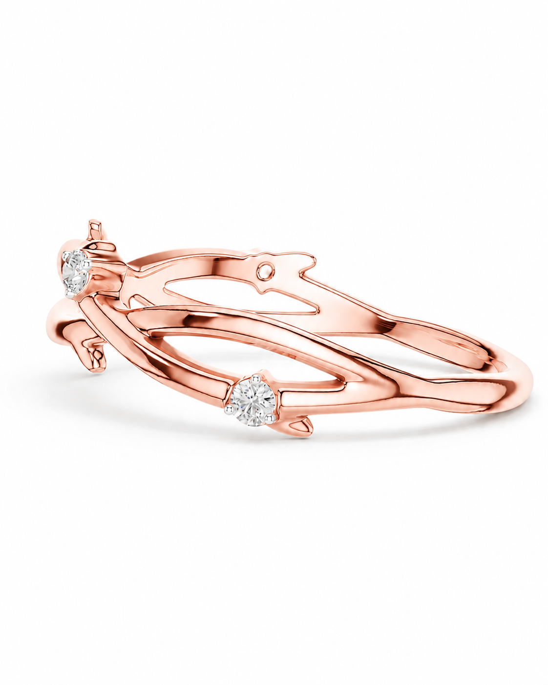 color_10K_RG, color_14K_RG &&A rose gold ring with organic, flowing branches and two small round-cut clear gemstones, shown on a clean white background.