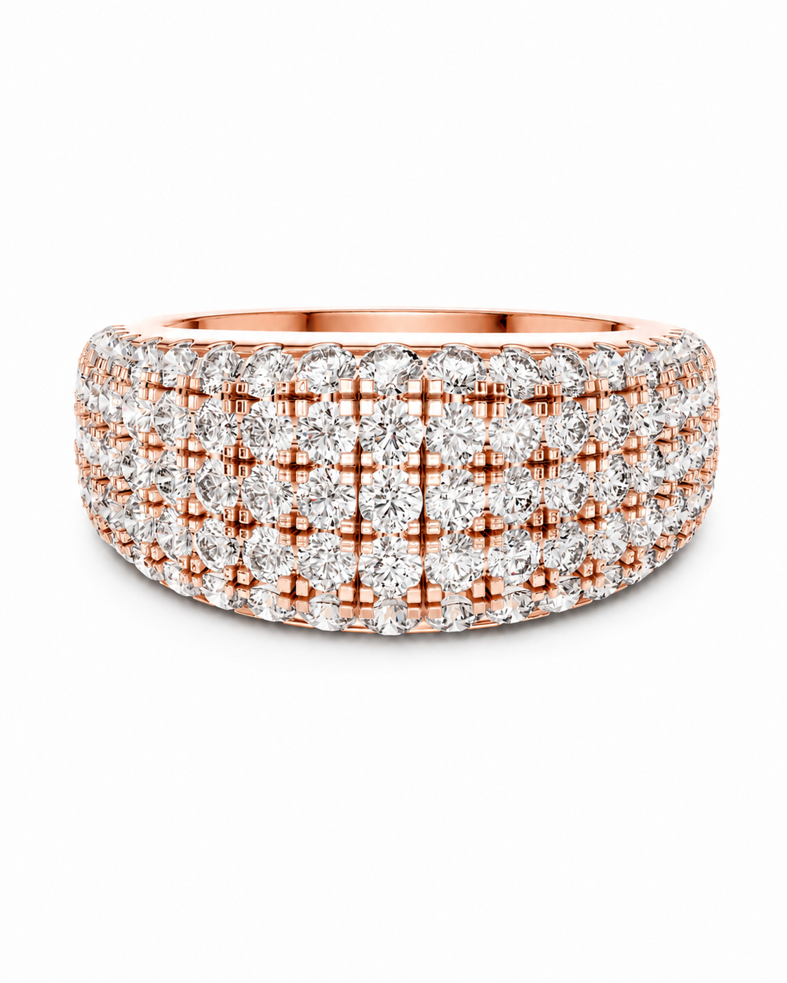 color_10K_RG, color_14K_RG &&A wide band ring featuring rows of clear pavé gemstones set in rose gold, arranged in a repeating cross pattern, shown on a plain white background.