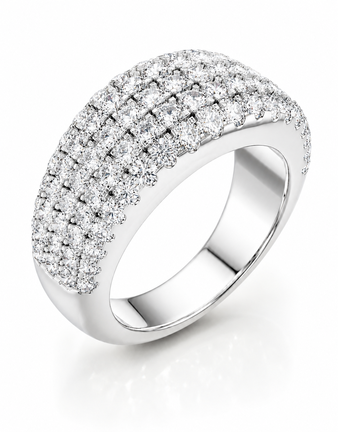 color_925_SIL,color_935_ARG,color_10K_WG, color_14K_WG &&A silver-toned diamond ring with a curved, multi-row pavé setting on a clean white background.