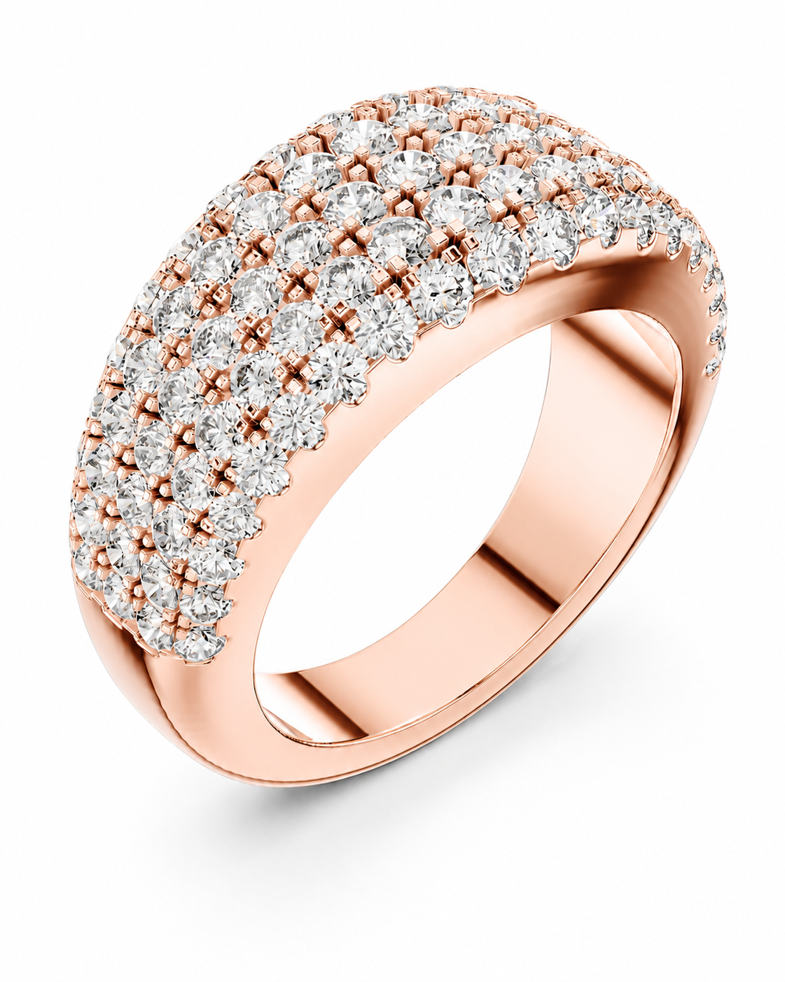 color_10K_RG, color_14K_RG &&A rose gold ring with a curved, double-row pavé setting of clear round-cut gemstones, shown on a clean white background.