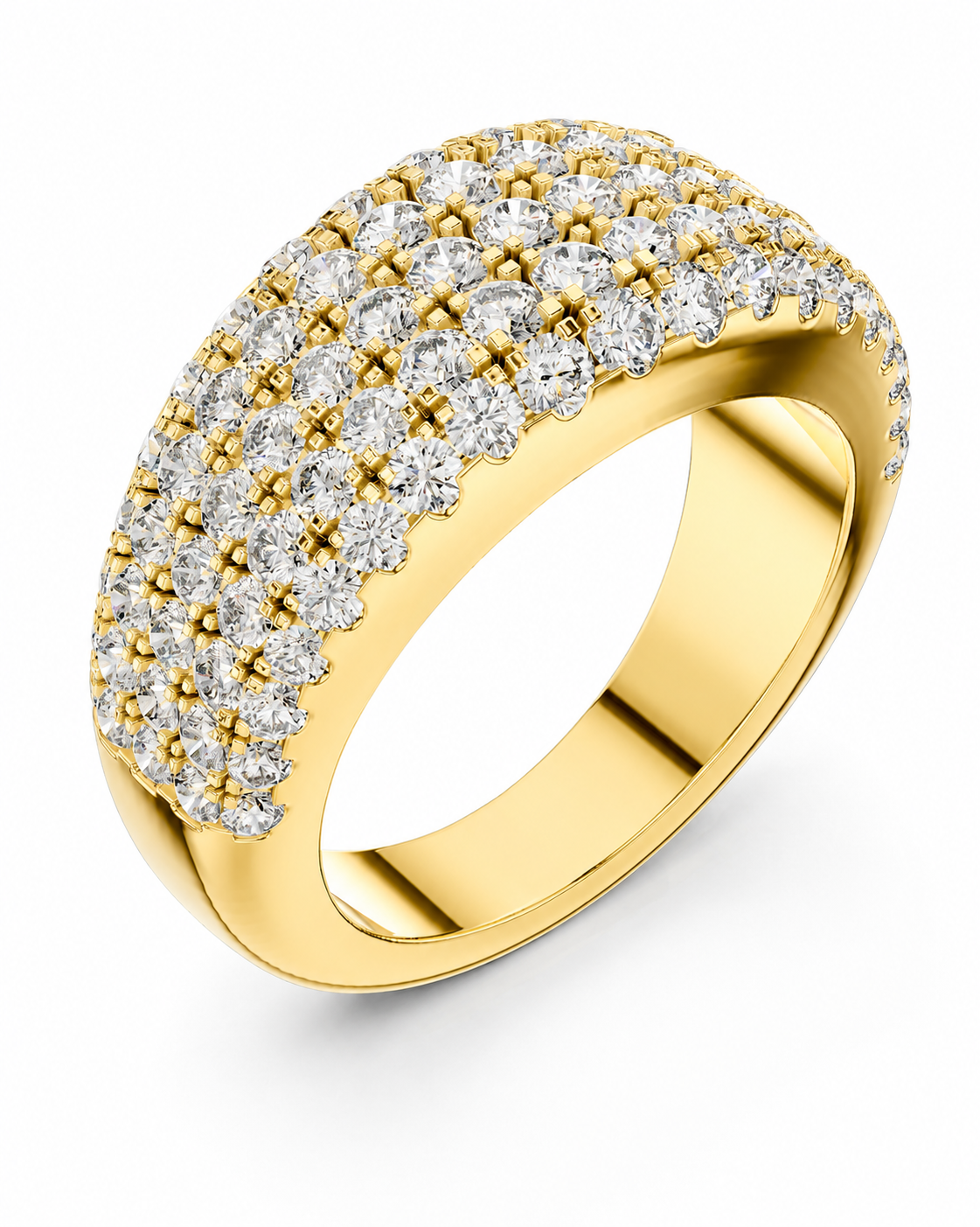 color_10K_YG, color_14K_YG &&A yellow gold ring featuring a curved top pavé-set with multiple rows of round brilliant-cut diamonds, shown on a clean white background.