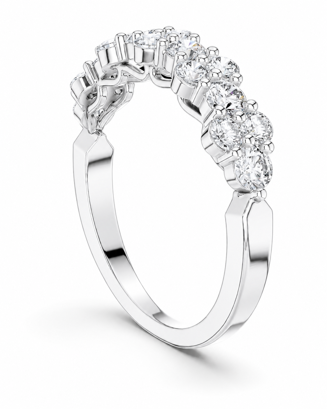 color_925_SIL,color_935_ARG,color_10K_WG, color_14K_WG &&A silver-tone diamond ring with a curved top featuring multiple round-cut diamonds, shown on a clean white background.