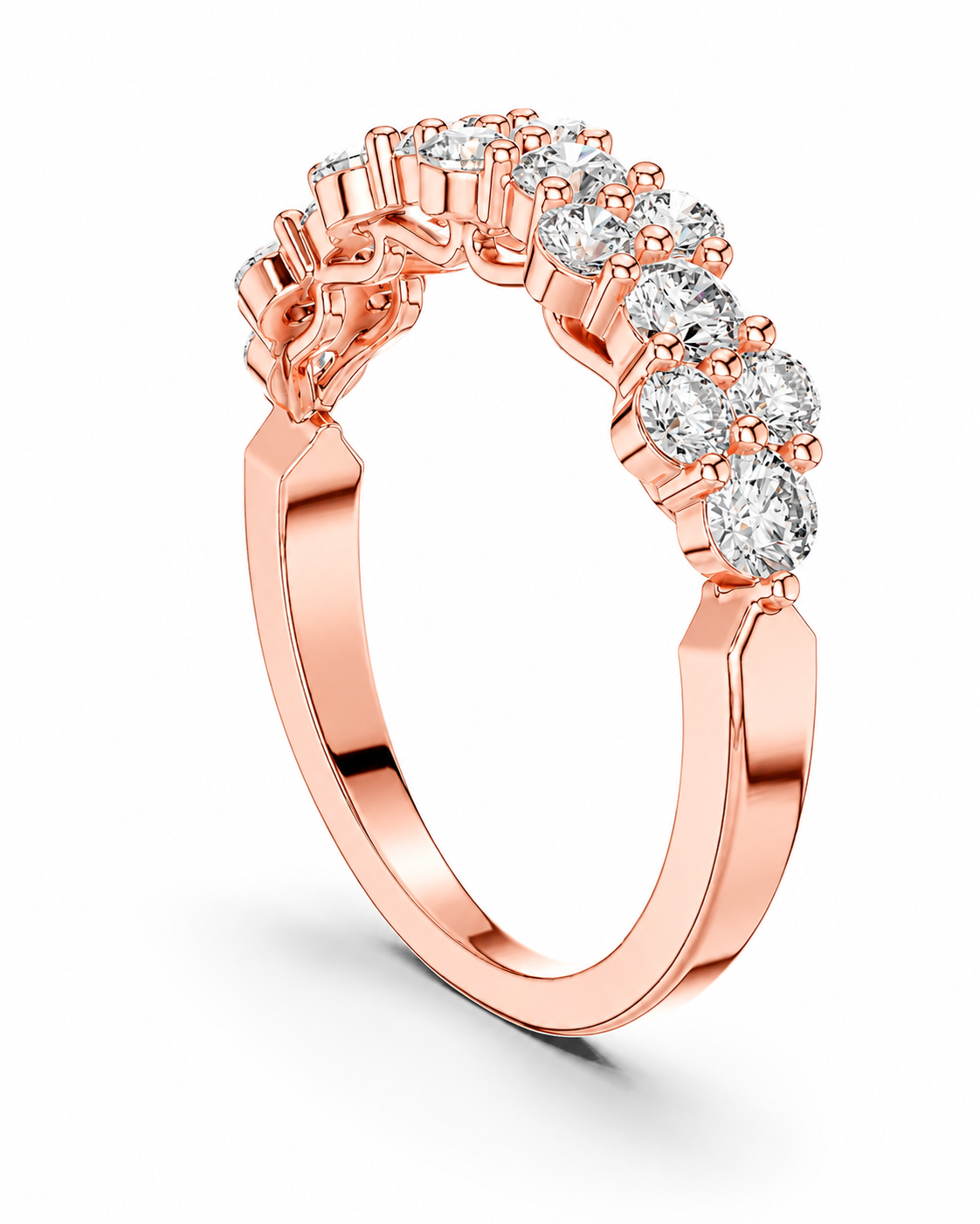 color_10K_RG, color_14K_RG &&Rose gold diamond ring with a curved row of round-cut clear stones on the upper half, shown on a clean white background.