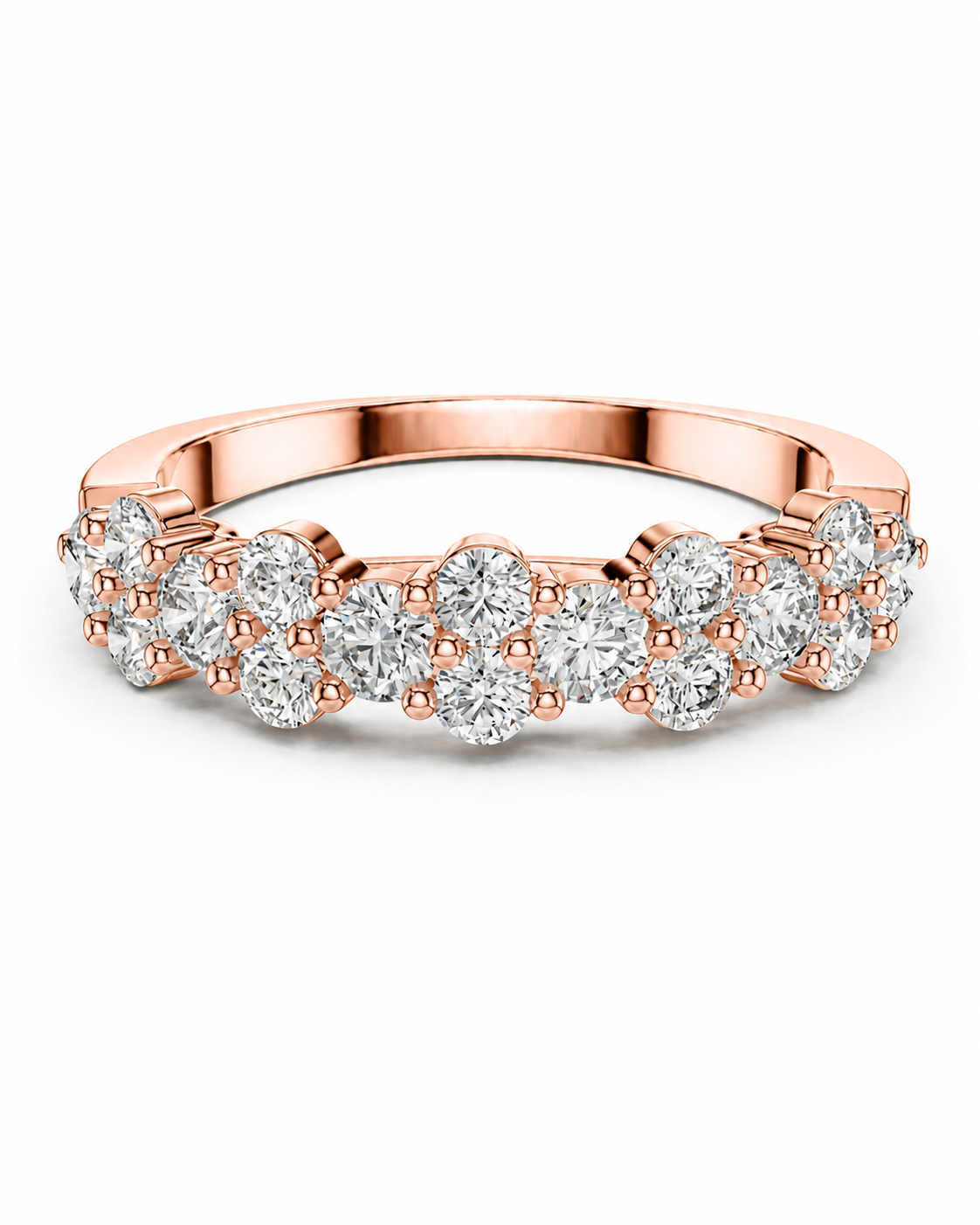 color_10K_RG, color_14K_RG &&A rose gold eternity ring featuring a continuous row of round-cut clear gemstones in a prong setting, shown on a clean white background.