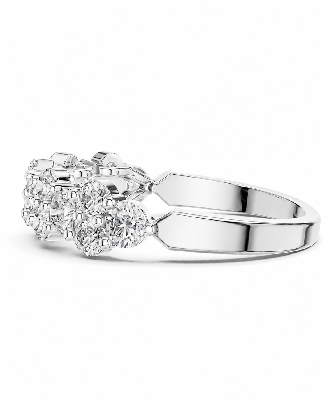 color_925_SIL,color_935_ARG,color_10K_WG, color_14K_WG &&A silver-toned diamond ring with a large, dense floral cluster of round-cut diamonds on a polished band, shown against a plain white background.