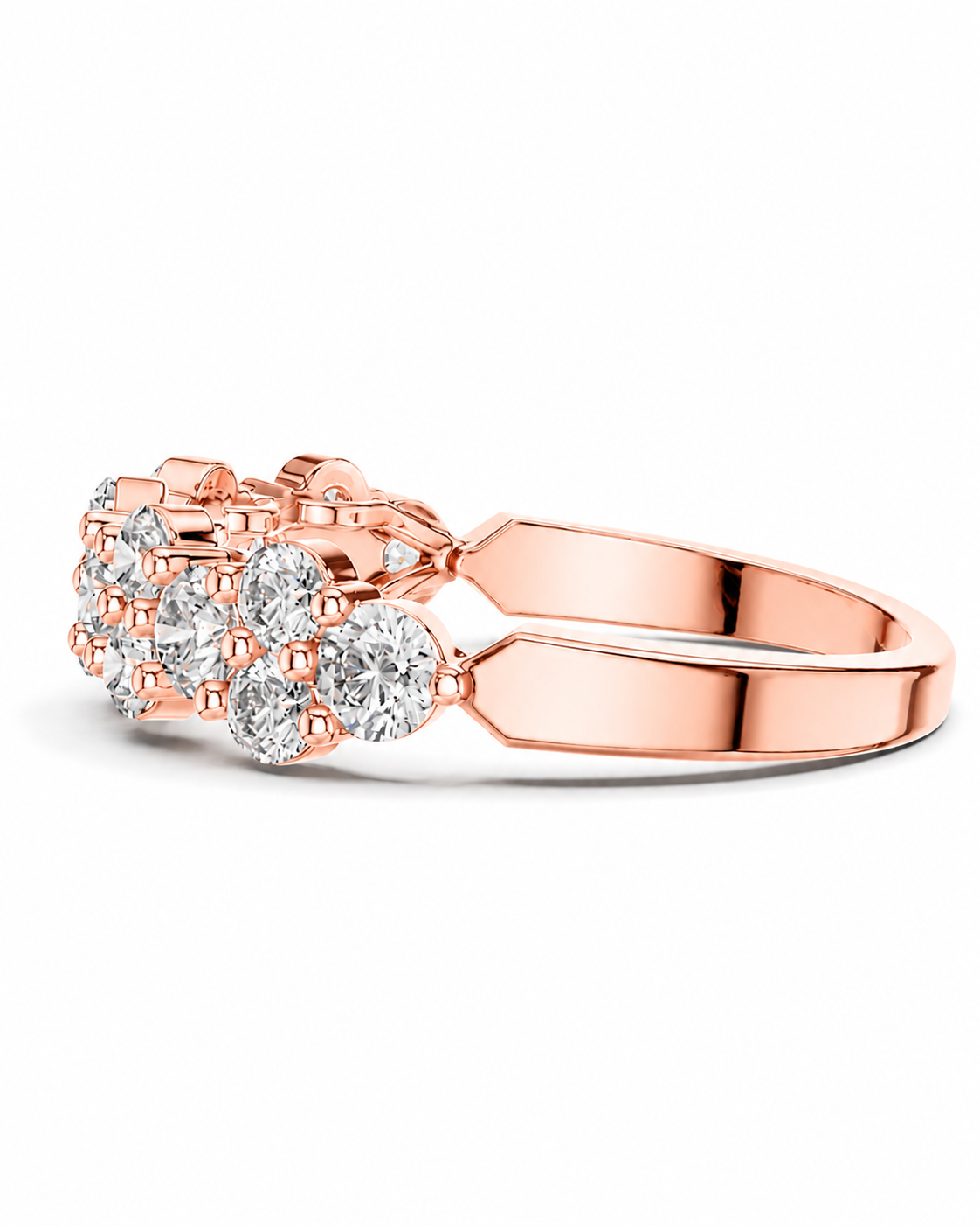 color_10K_RG, color_14K_RG &&A rose gold ring featuring a cluster of round-cut clear gemstones in a prong setting, shown on a clean white background.