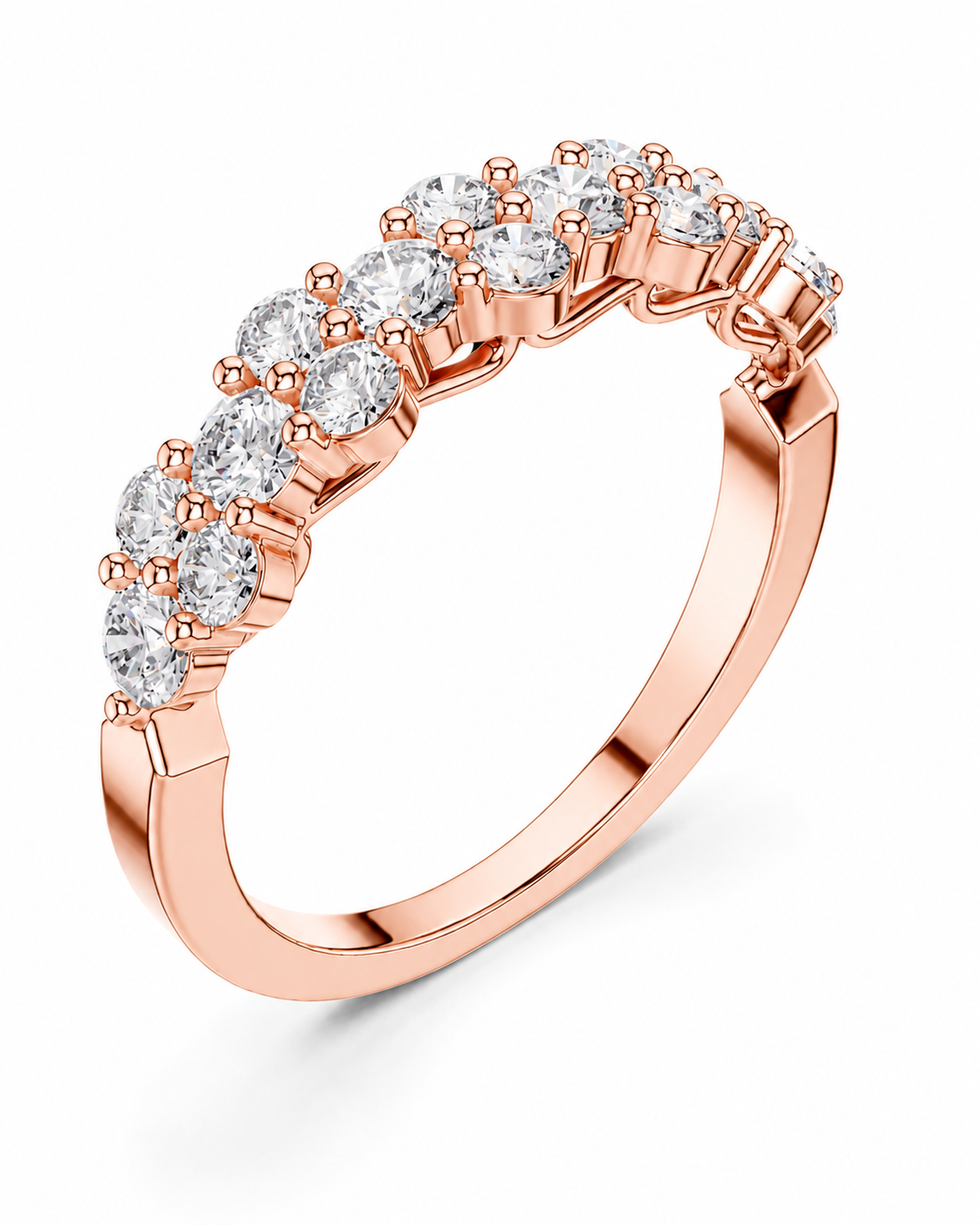 color_10K_RG, color_14K_RG &&A rose gold eternity ring featuring a curved row of round-cut clear gemstones in a prong setting, shown on a clean white background.