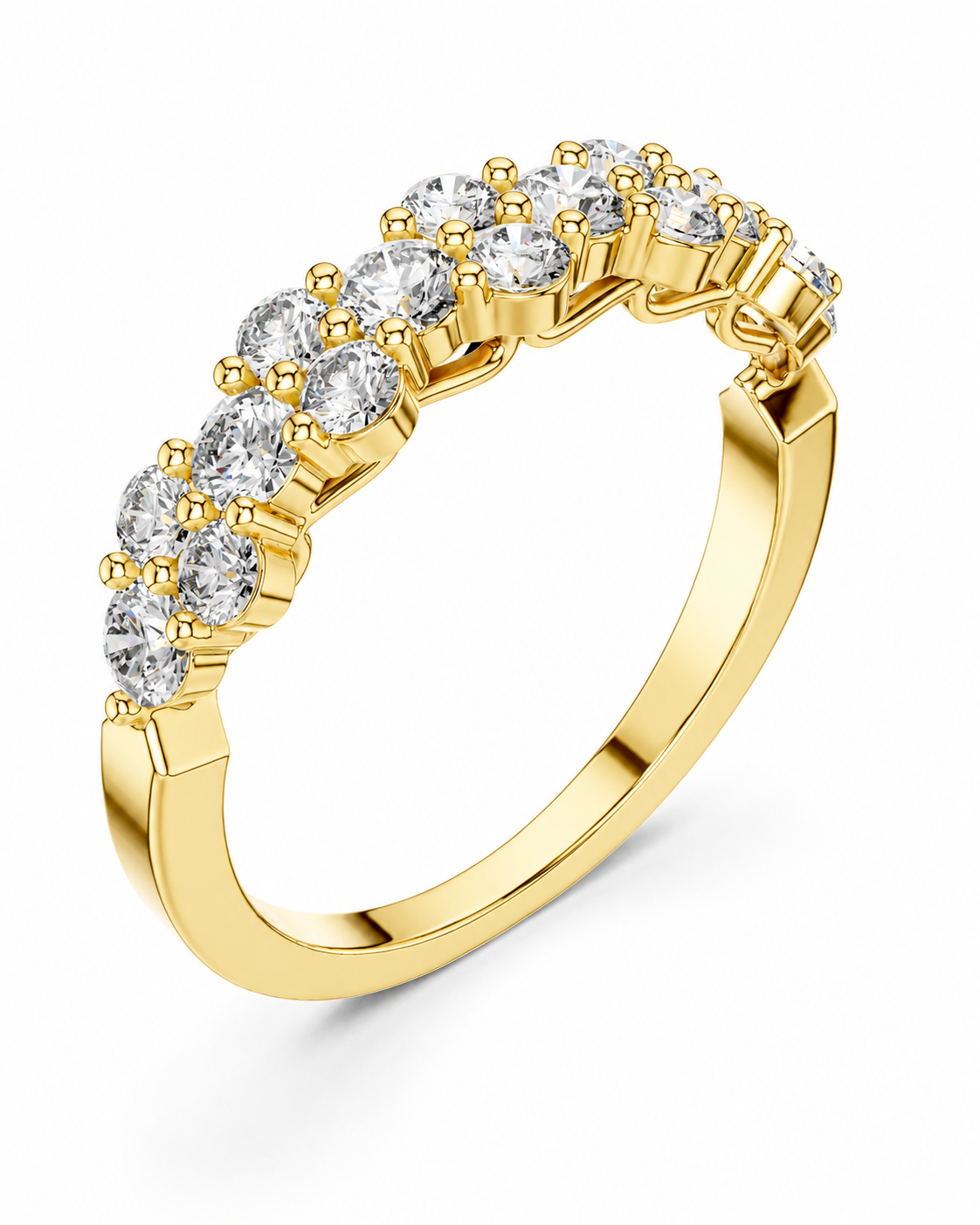 color_10K_YG, color_14K_YG &&A yellow gold eternity ring featuring a curved row of round-cut clear gemstones in a prong setting, shown on a clean white background.
