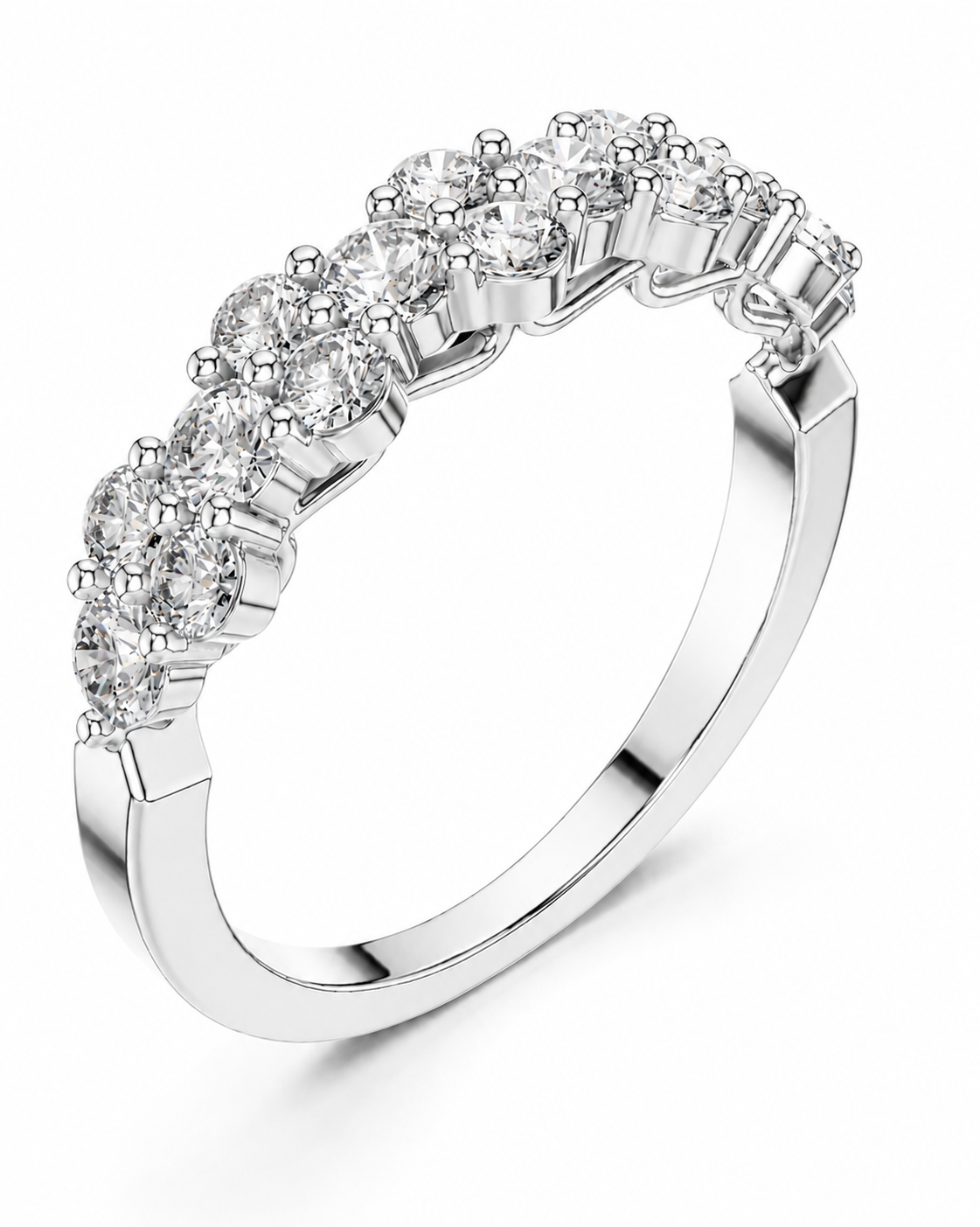 color_925_SIL,color_935_ARG,color_10K_WG, color_14K_WG &&A silver diamond eternity ring featuring a curved row of round-cut diamonds in a prong setting on a polished band, shown on a white background.