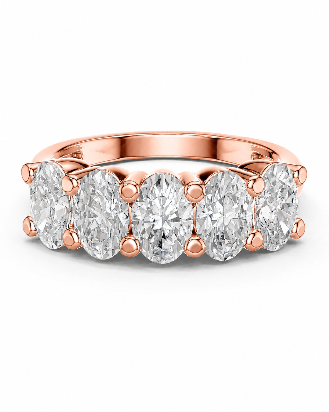 color_10K_RG, color_14K_RG &&A rose gold five-stone diamond ring with oval-cut diamonds set in a polished band, shown on a clean white background.