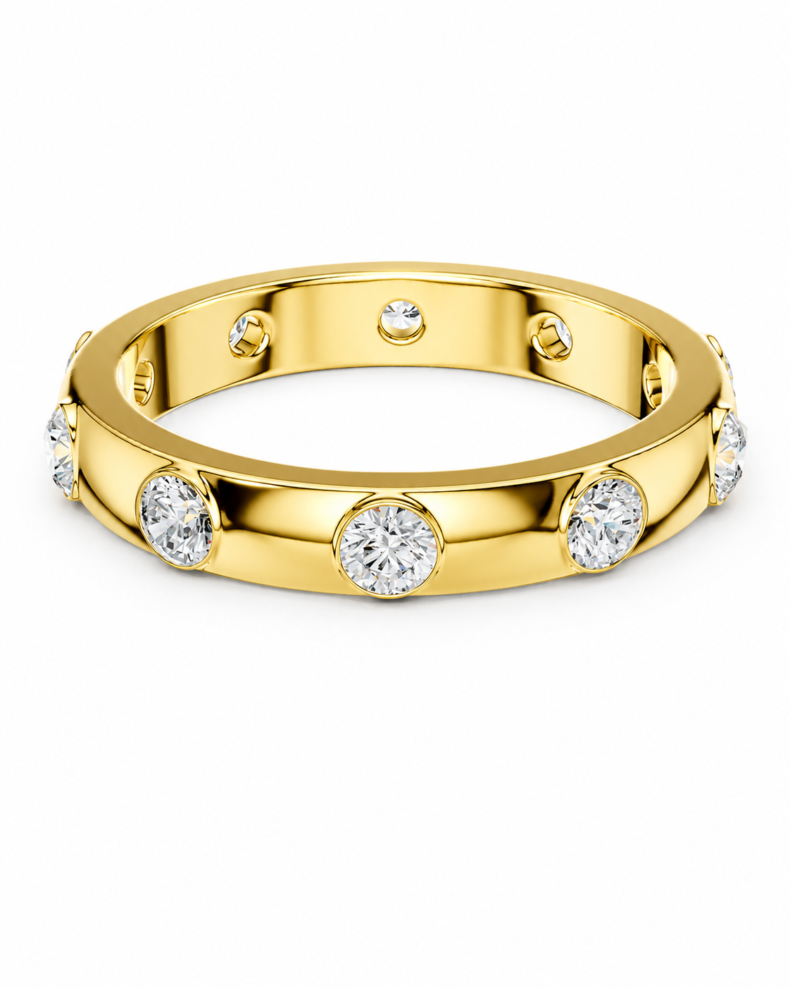 color_10K_YG, color_14K_YG &&A yellow gold eternity ring featuring round-cut clear gemstones set along the band, photographed on a clean white background.