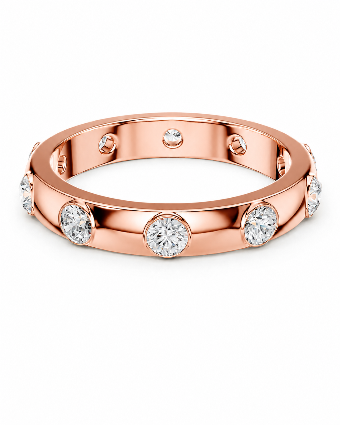 color_10K_RG, color_14K_RG &&A rose gold eternity band ring featuring round-cut clear gemstones set in a polished band, shown on a clean white background.
