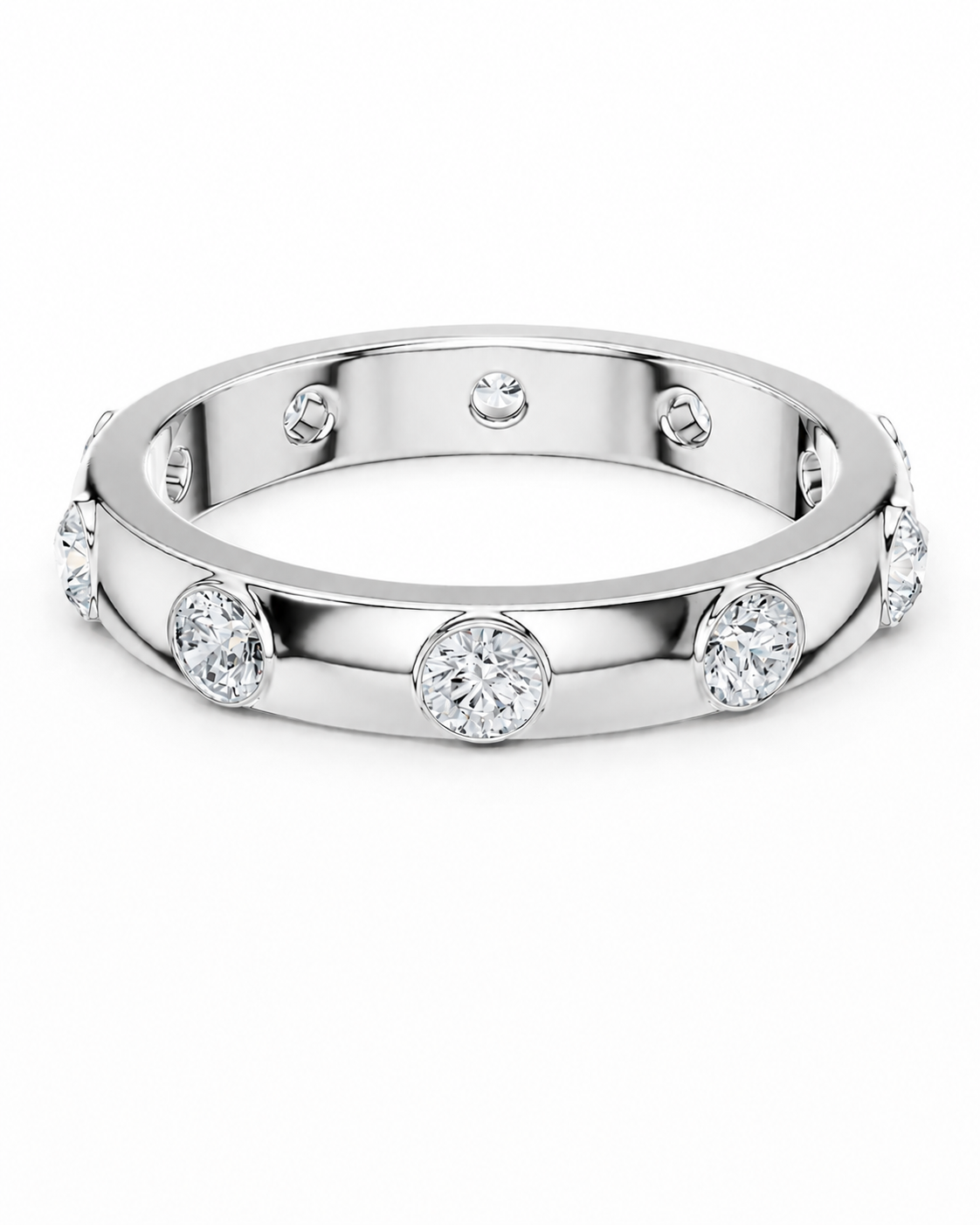color_925_SIL,color_935_ARG,color_10K_WG, color_14K_WG &&A silver-toned diamond eternity ring with round-cut diamonds set all around a polished band, shown on a clean white background.