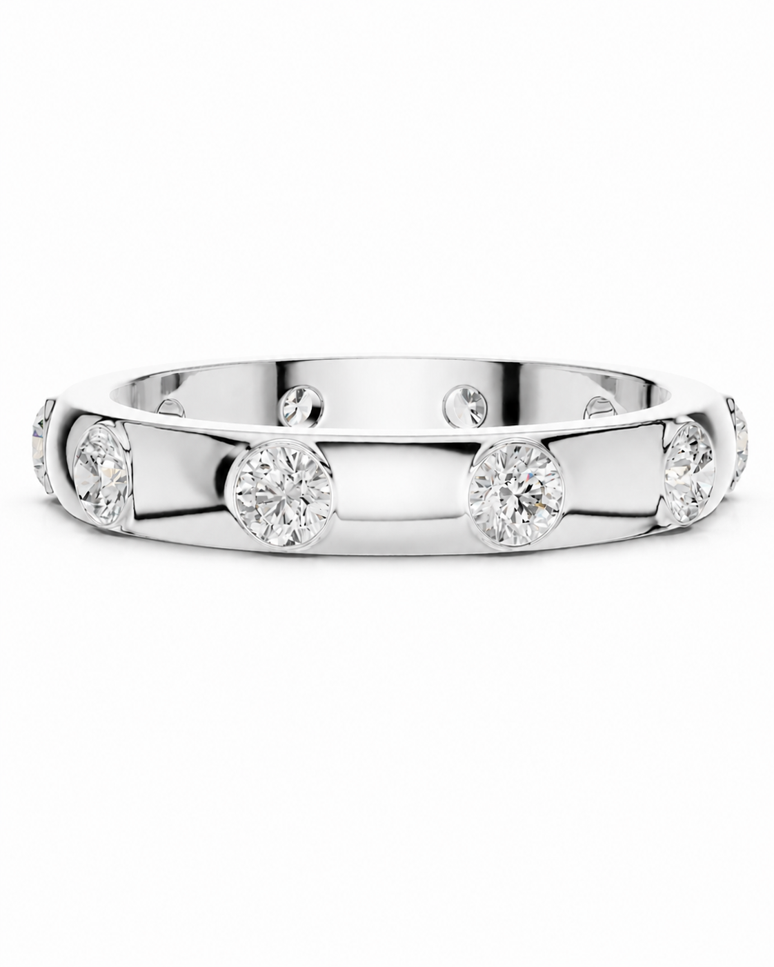 color_925_SIL,color_935_ARG,color_10K_WG, color_14K_WG &&A silver-toned eternity band ring featuring round-cut clear gemstones set along the outer band, photographed against a seamless white background.