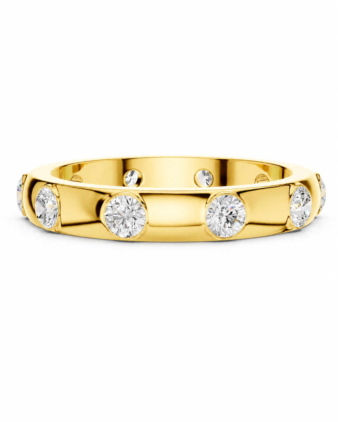 color_10K_YG, color_14K_YG &&A yellow gold eternity-style ring featuring a row of round brilliant-cut clear gemstones set in a polished band, shown against a plain white background.