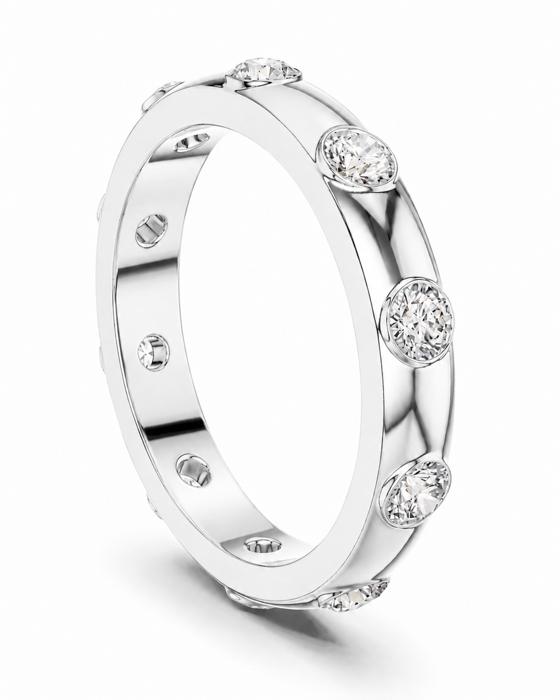 color_925_SIL,color_935_ARG,color_10K_WG, color_14K_WG &&A silver-toned eternity ring featuring a channel-set band with alternating round and oval diamond clusters, shown on a clean white background.