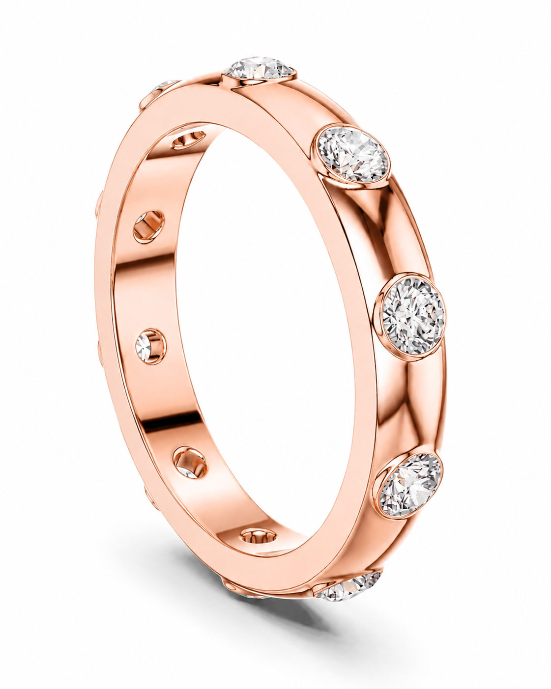 color_10K_RG, color_14K_RG &&A rose gold eternity band ring featuring round-cut diamonds set along the outer edge, shown on a clean white background.