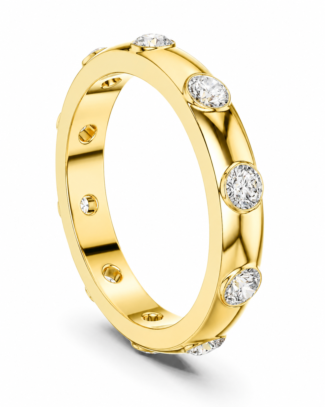 color_10K_YG, color_14K_YG &&A yellow gold eternity-style ring featuring multiple bezel-set round diamonds spaced evenly around the band, shown on a clean white background.