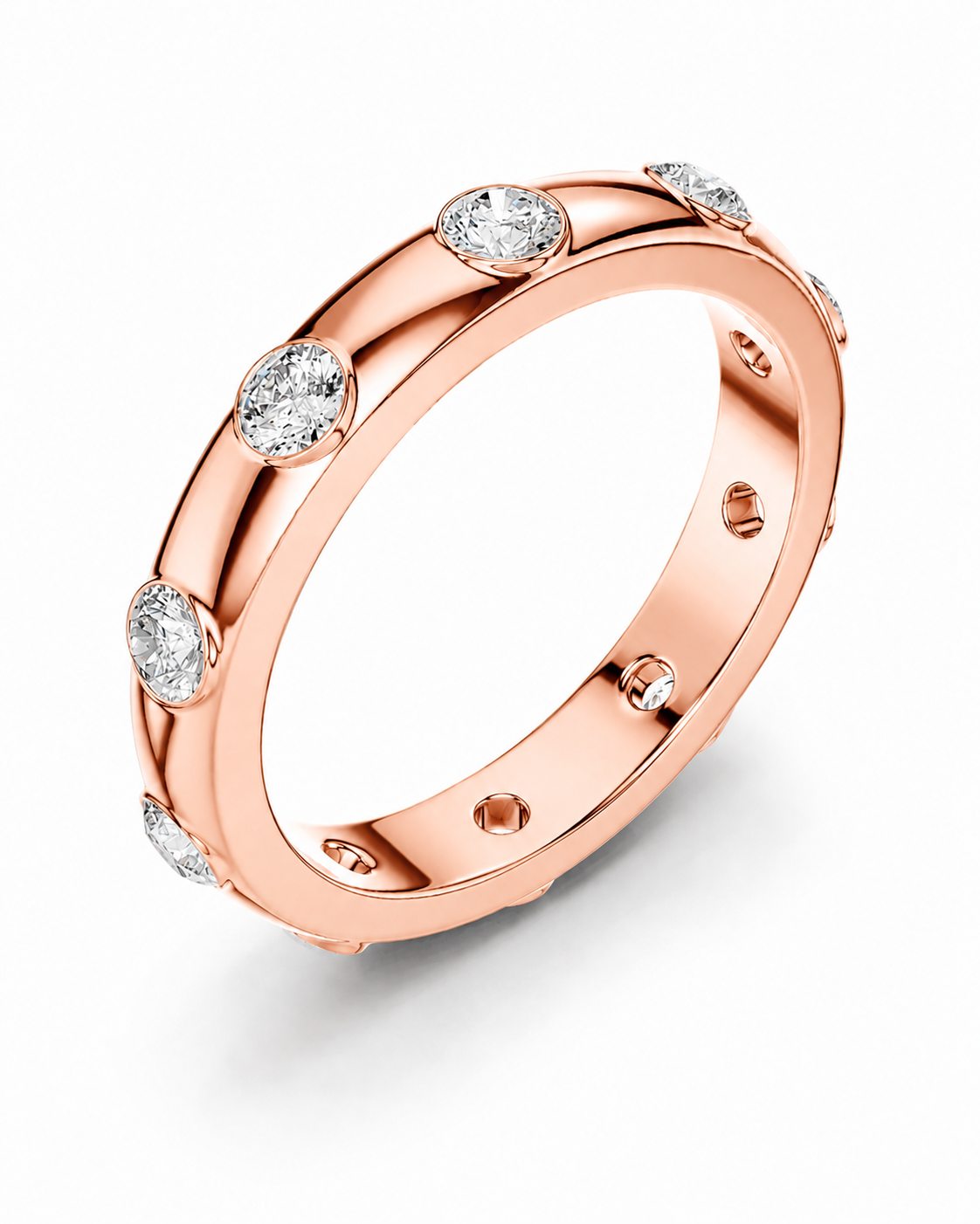 color_10K_RG, color_14K_RG &&A rose gold eternity ring featuring round-cut clear diamonds set in a polished band, shown on a clean white background.