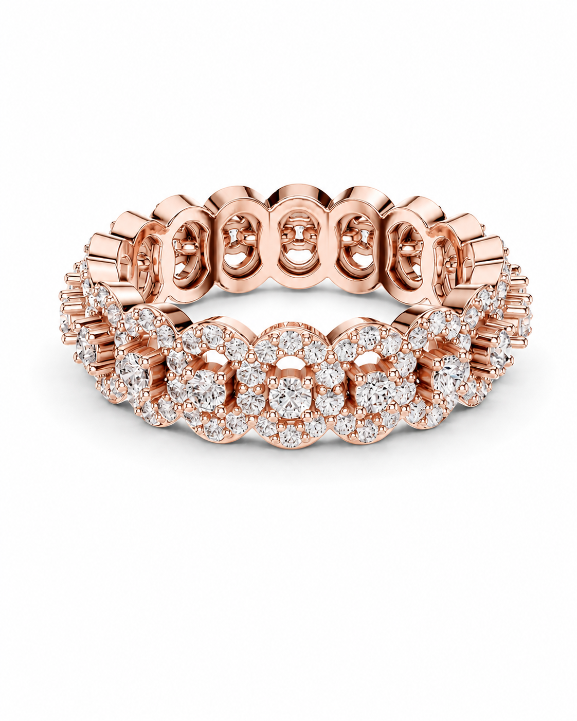color_10K_RG, color_14K_RG &&A rose gold eternity band ring featuring rows of round-cut diamonds in a pavé setting, shown on a clean white background.