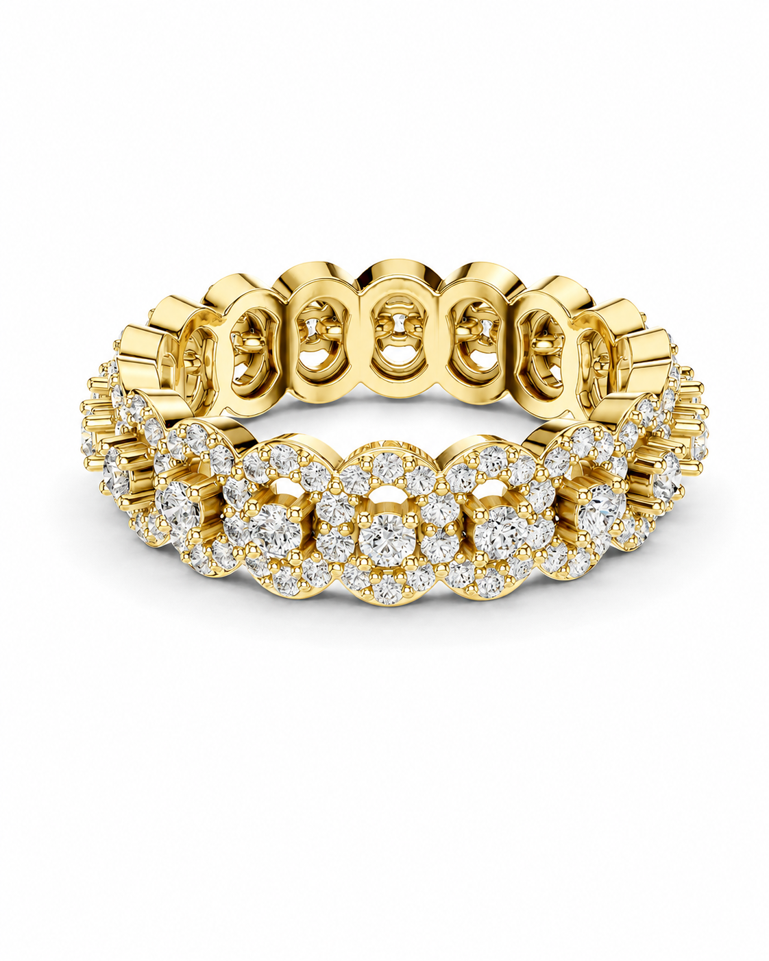 color_10K_YG, color_14K_YG &&A yellow gold eternity band ring featuring rows of round-cut diamonds, photographed on a clean white background.