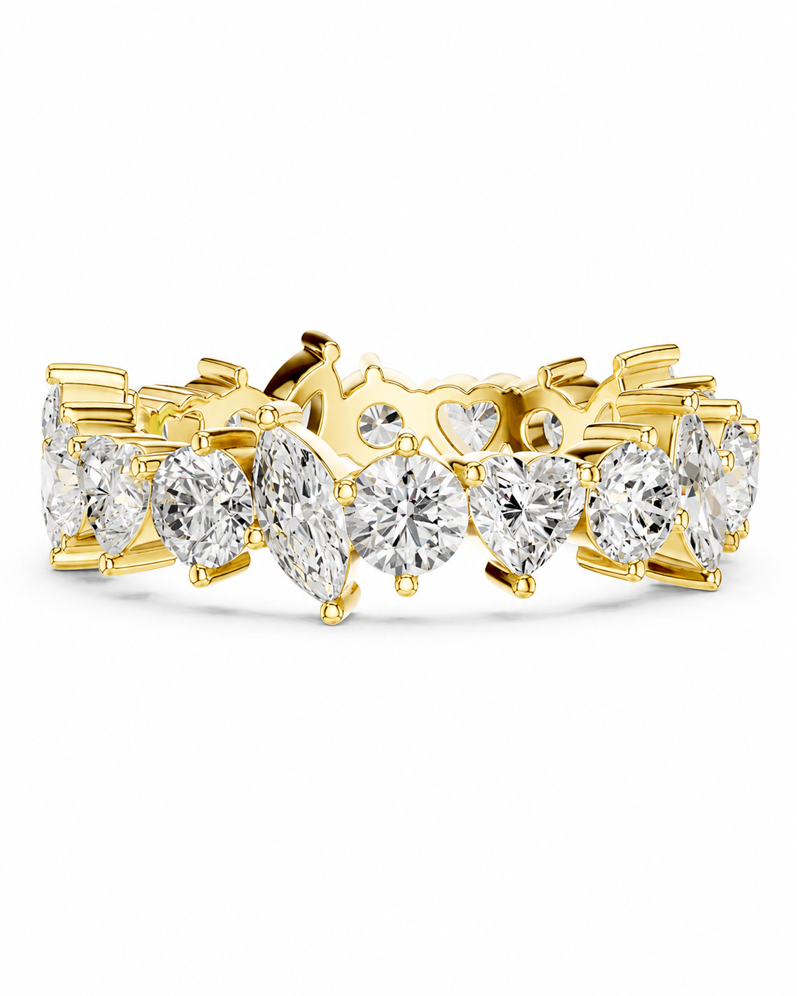 color_10K_YG, color_14K_YG &&A yellow gold eternity ring featuring a continuous row of clear heart-shaped and marquise-cut gemstones on a white background.