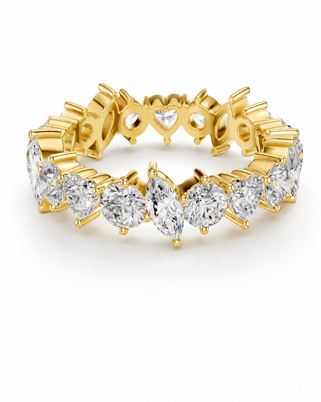 color_10K_YG, color_14K_YG &&A yellow gold eternity ring featuring marquise-cut and round brilliant-cut clear gemstones, shown on a clean white background.