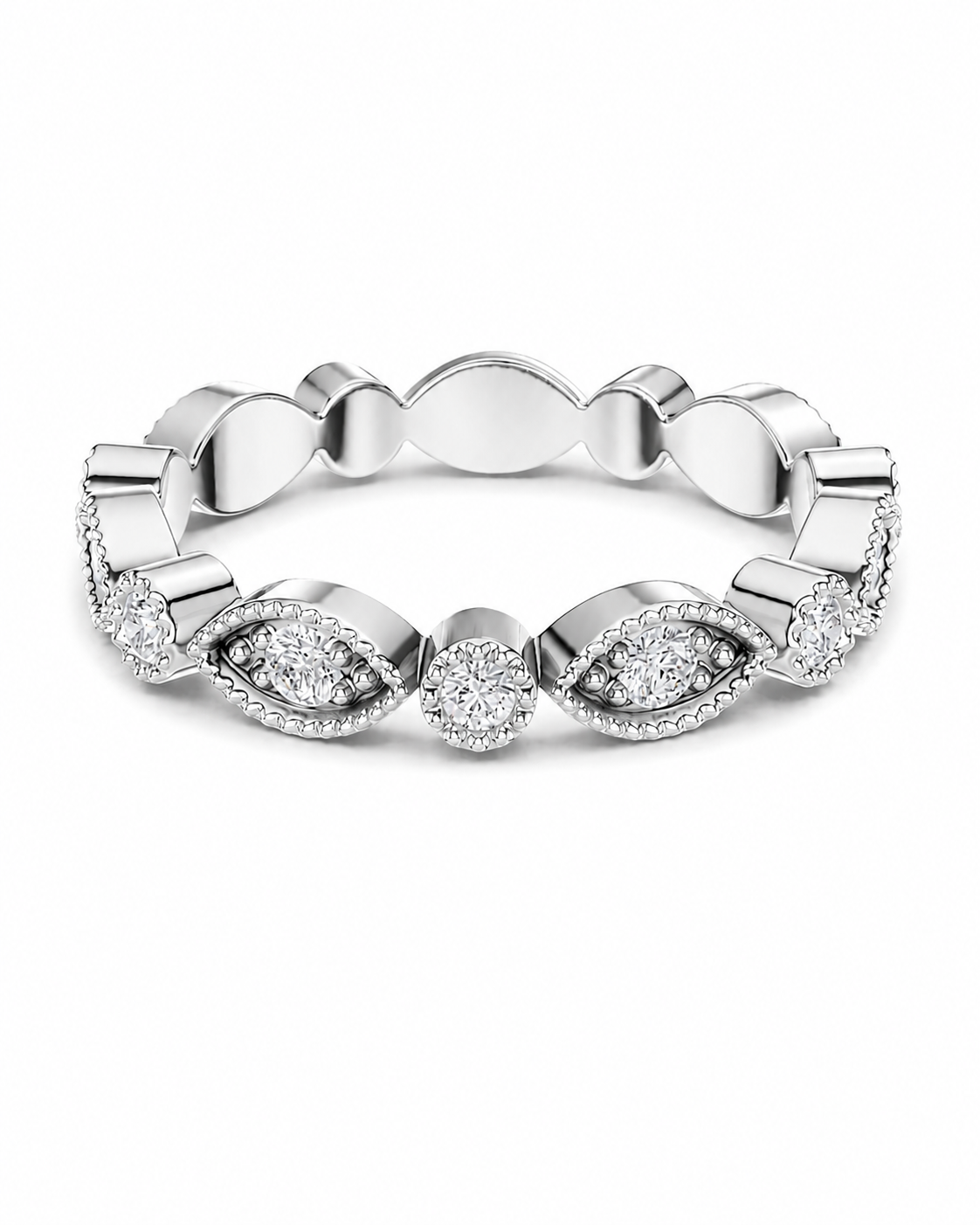 color_925_SIL,color_935_ARG,color_10K_WG, color_14K_WG &&A silver-toned diamond eternity band ring featuring a continuous line of round and marquise-cut diamonds in polished and halo settings, shown on a clean white background.
