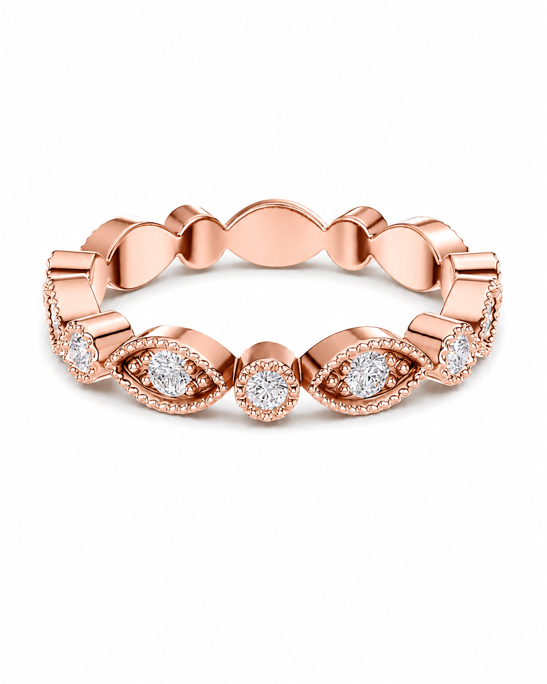 color_10K_RG, color_14K_RG &&A rose gold eternity band featuring a continuous scalloped link design with round-cut diamonds surrounded by small pavé accents, set against a clean white background.