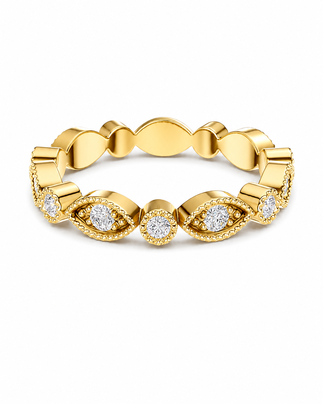 color_10K_YG, color_14K_YG &&A yellow gold eternity-style ring featuring repeating scalloped oval links and eye-shaped motifs set with clear round gemstones, photographed on a clean white background.