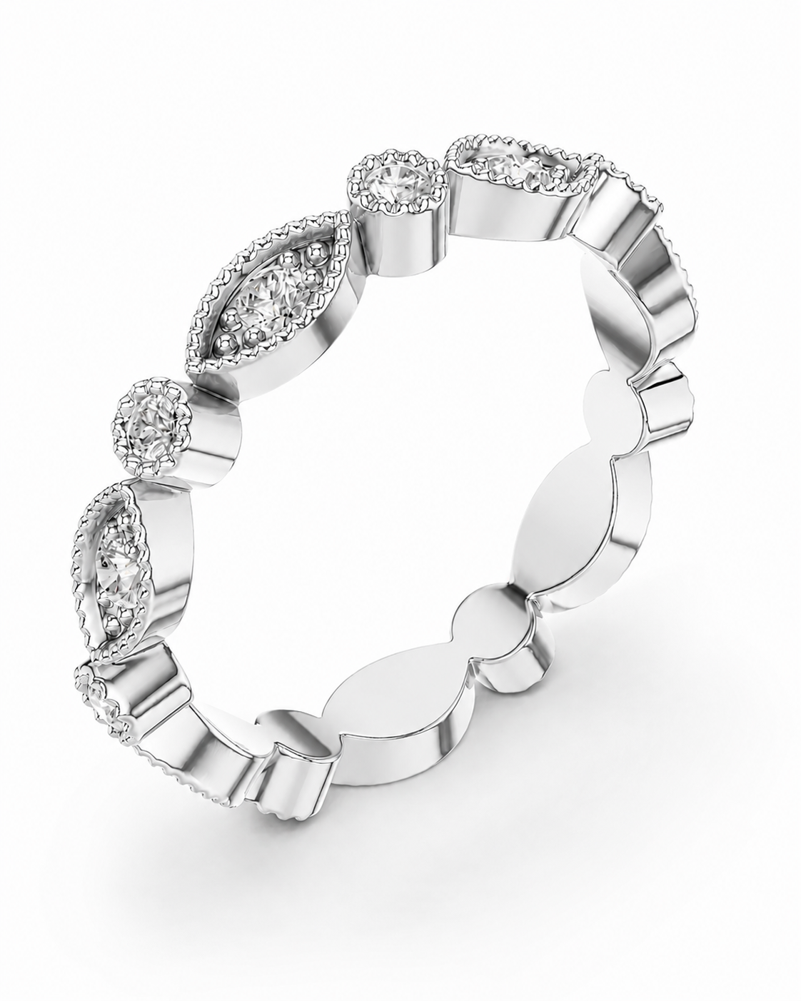 color_925_SIL,color_935_ARG,color_10K_WG, color_14K_WG &&A silver-toned eternity ring featuring marquise and round-cut diamonds in a scalloped setting, photographed on a clean white background.