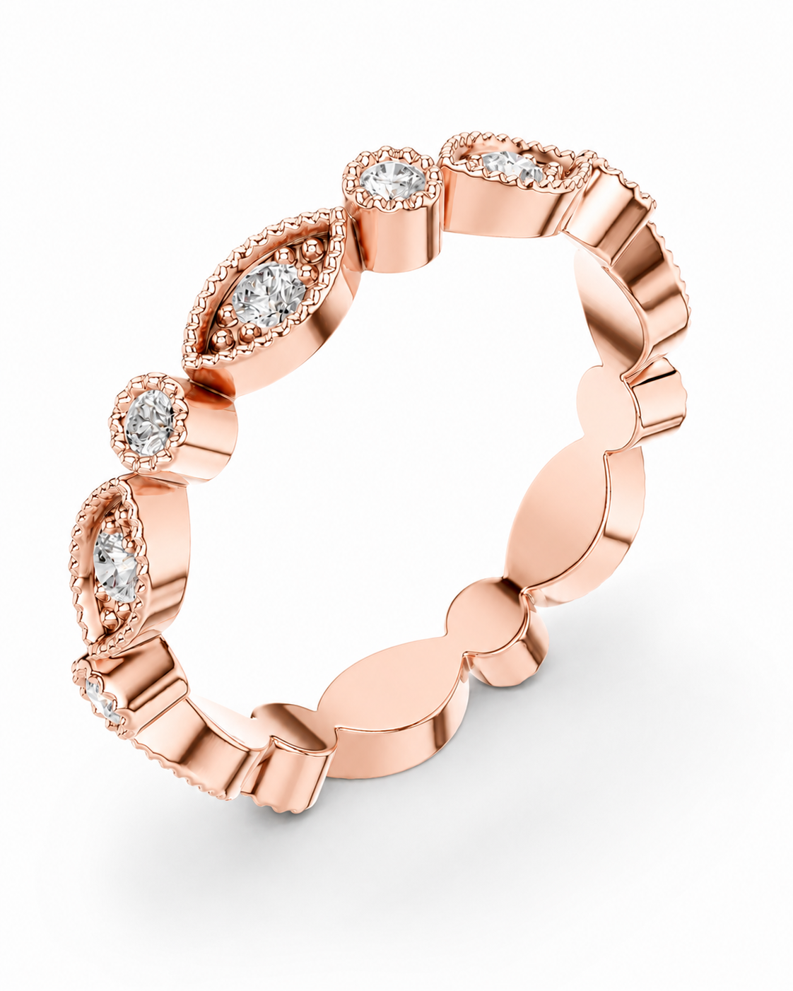 color_10K_RG, color_14K_RG &&A rose gold eternity-style ring featuring alternating marquise-cut and round-cut clear gemstones in a scalloped setting, shown on a clean white background.