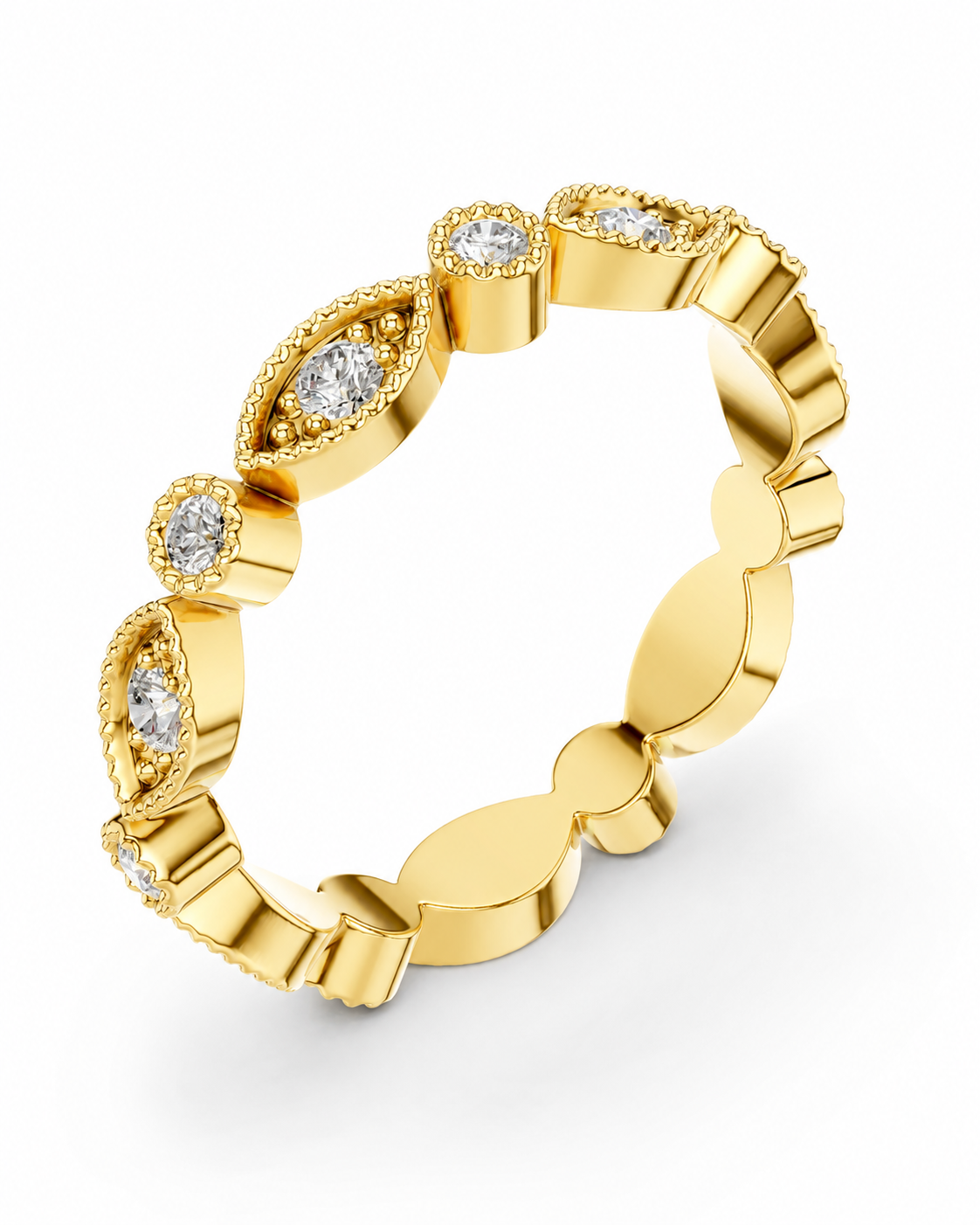 color_10K_YG, color_14K_YG &&A yellow gold eternity-style ring featuring a continuous row of bezel-set round diamonds on a clean white background.