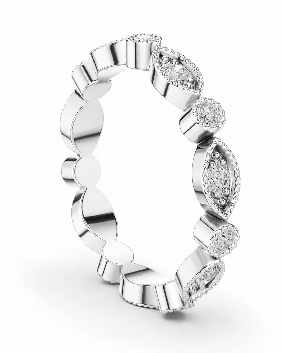 color_925_SIL,color_935_ARG,color_10K_WG, color_14K_WG &&A silver-toned eternity ring featuring a scalloped band with multiple bezel-set round diamonds and marquise-cut diamond clusters, shown on a clean white background.