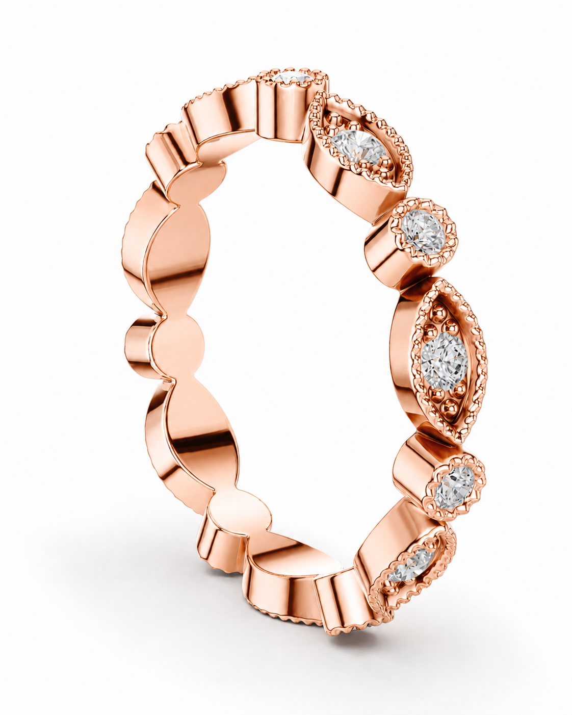 color_10K_RG, color_14K_RG &&A rose gold eternity ring featuring alternating oval and marquise-cut diamond clusters, set against a clean white background.