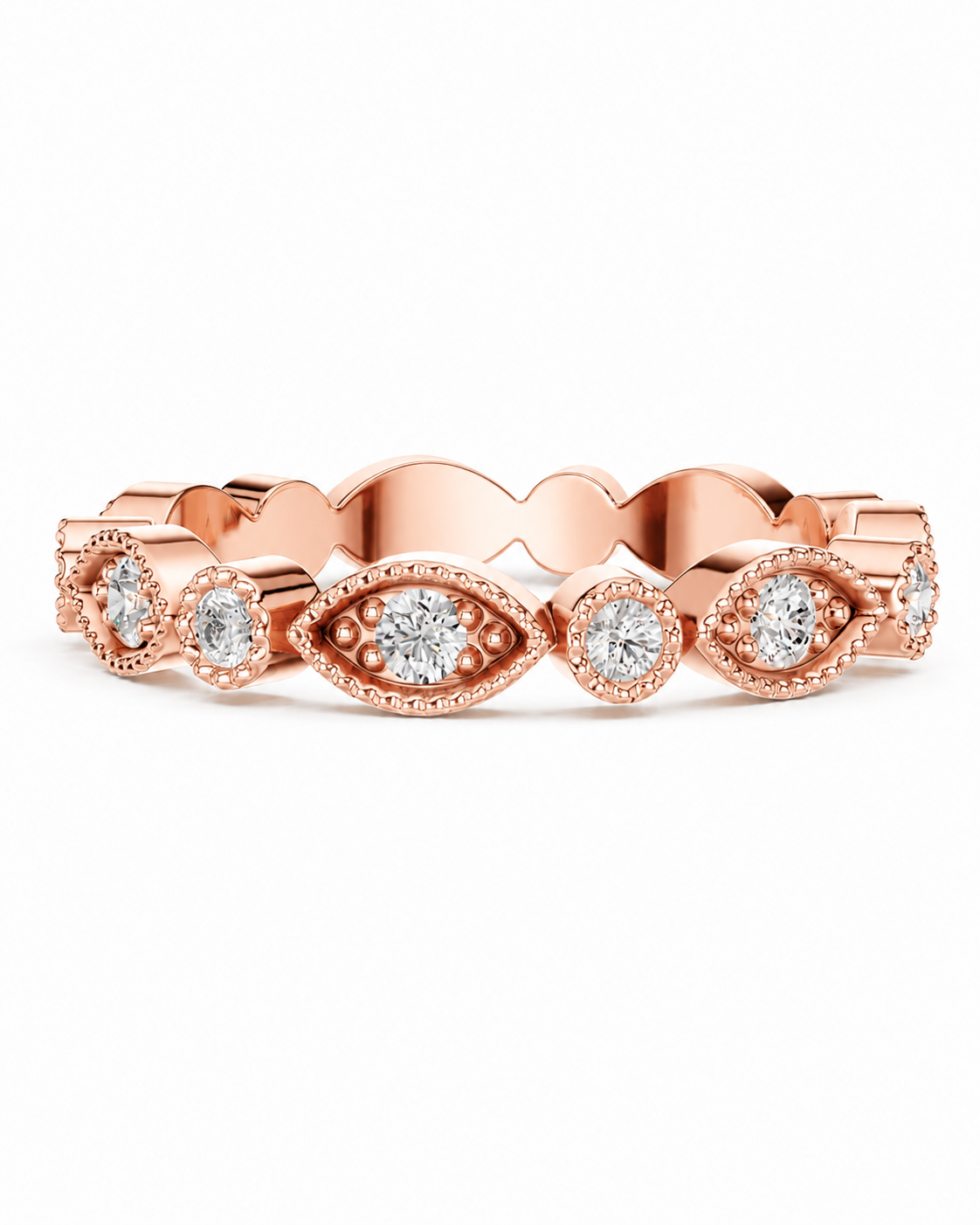 color_10K_RG, color_14K_RG &&A rose gold eternity ring featuring a scalloped band with alternating oval and round bezel-set clear gemstones, set against a plain white background.
