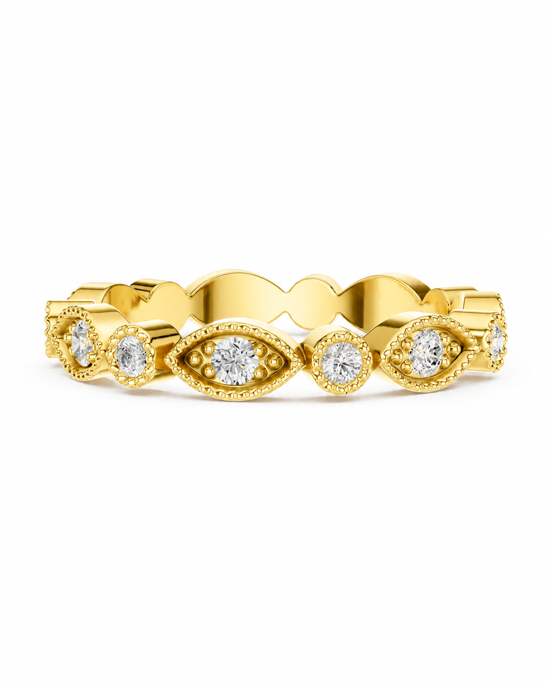 color_10K_YG, color_14K_YG &&A gold eternity-style ring featuring multiple round-cut clear gemstones in bezel and halo settings, shown on a plain white background.
