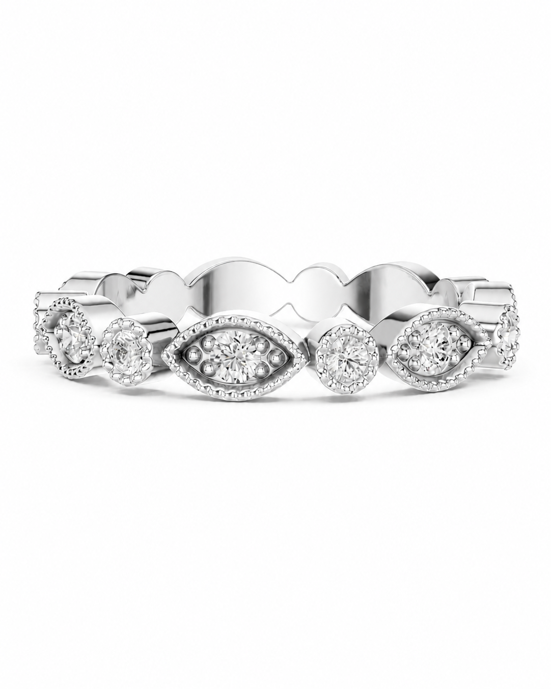 color_925_SIL,color_935_ARG,color_10K_WG, color_14K_WG &&A silver-tone diamond eternity band ring featuring a scalloped outer edge and alternating oval and round diamond clusters, shown on a plain white background.