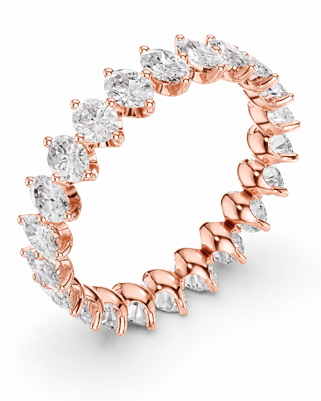 color_10K_RG, color_14K_RG &&A rose gold eternity ring featuring a continuous line of round brilliant-cut clear stones in a prong setting, shown on a clean white background.
