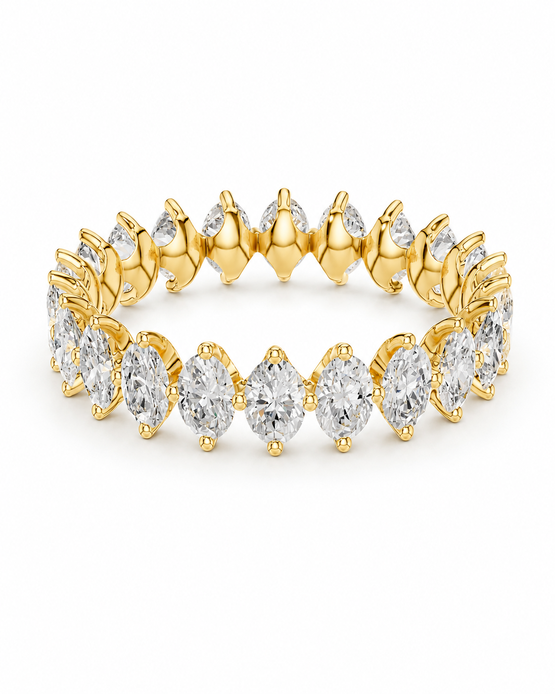 color_10K_YG, color_14K_YG &&A yellow gold eternity-style ring featuring a continuous row of marquise-cut clear gemstones in prong settings, shown on a clean white background.
