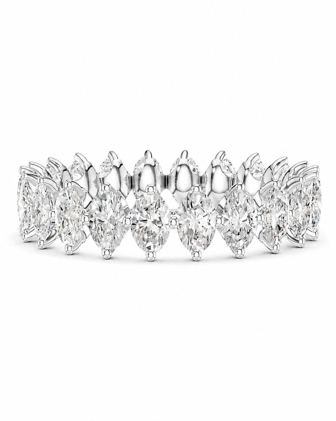 color_925_SIL,color_935_ARG,color_10K_WG, color_14K_WG &&A diamond eternity band ring featuring marquise-cut and oval diamonds set in a silver-colored metal, shown against a plain white background.