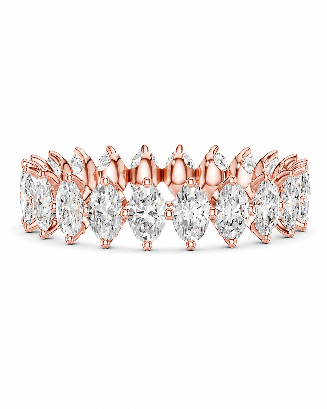 color_10K_RG, color_14K_RG &&Rose gold eternity ring featuring marquise-cut and oval diamonds, set in a continuous band on a white background.