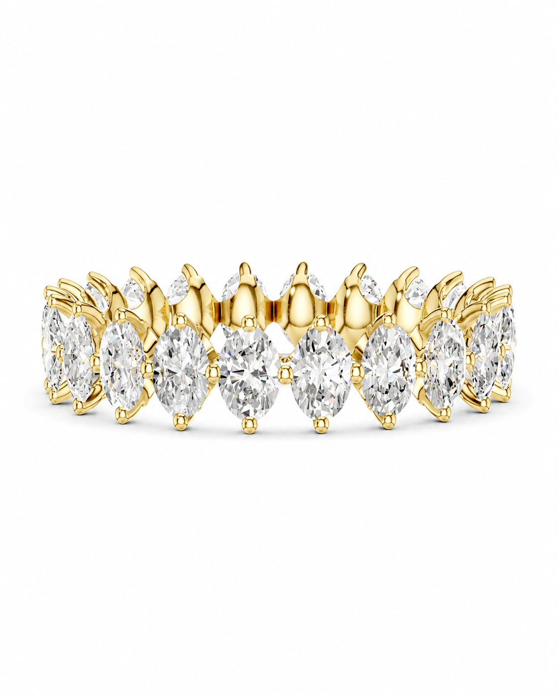 color_10K_YG, color_14K_YG &&A yellow gold diamond eternity band ring featuring marquise-cut and oval diamonds set in a continuous row, shown on a clean white background.