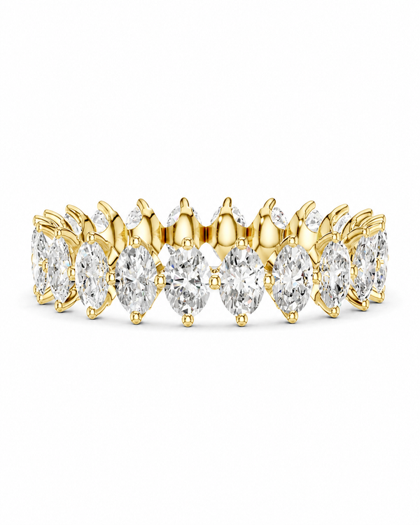color_10K_YG, color_14K_YG &&A yellow gold diamond eternity band ring featuring marquise-cut and oval diamonds set in a continuous row, shown on a clean white background.