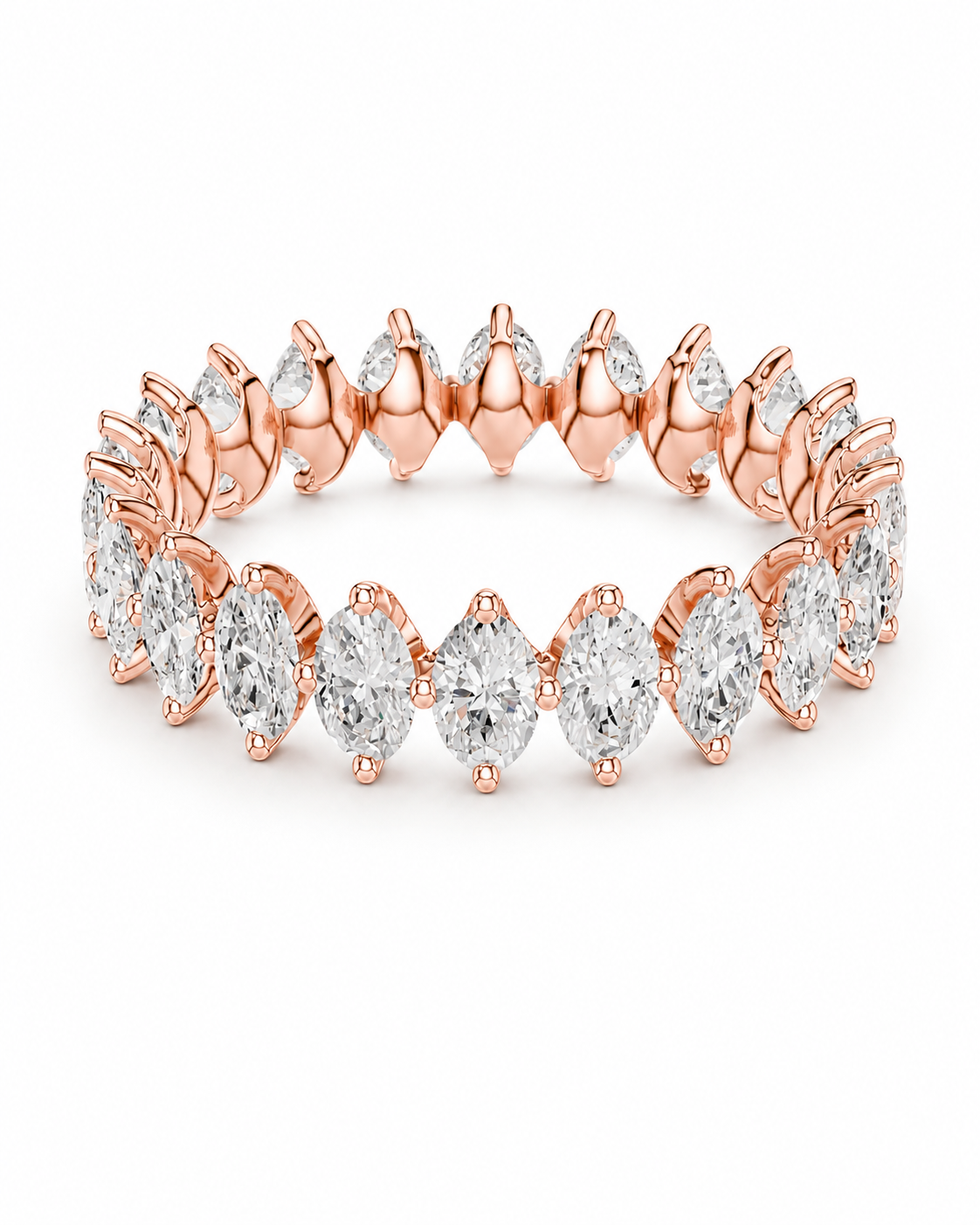 color_10K_RG, color_14K_RG &&A rose gold eternity band featuring a continuous row of marquise-cut and oval diamonds in a prong setting, shown on a clean white background.